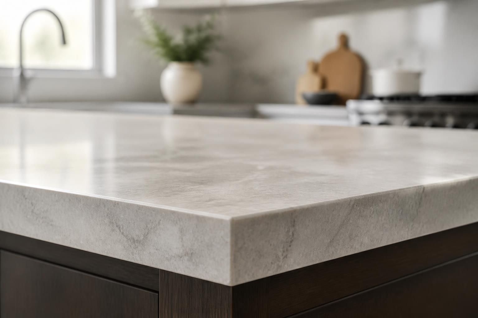 Newly installed stone kitchen countertop with clean edge detail.