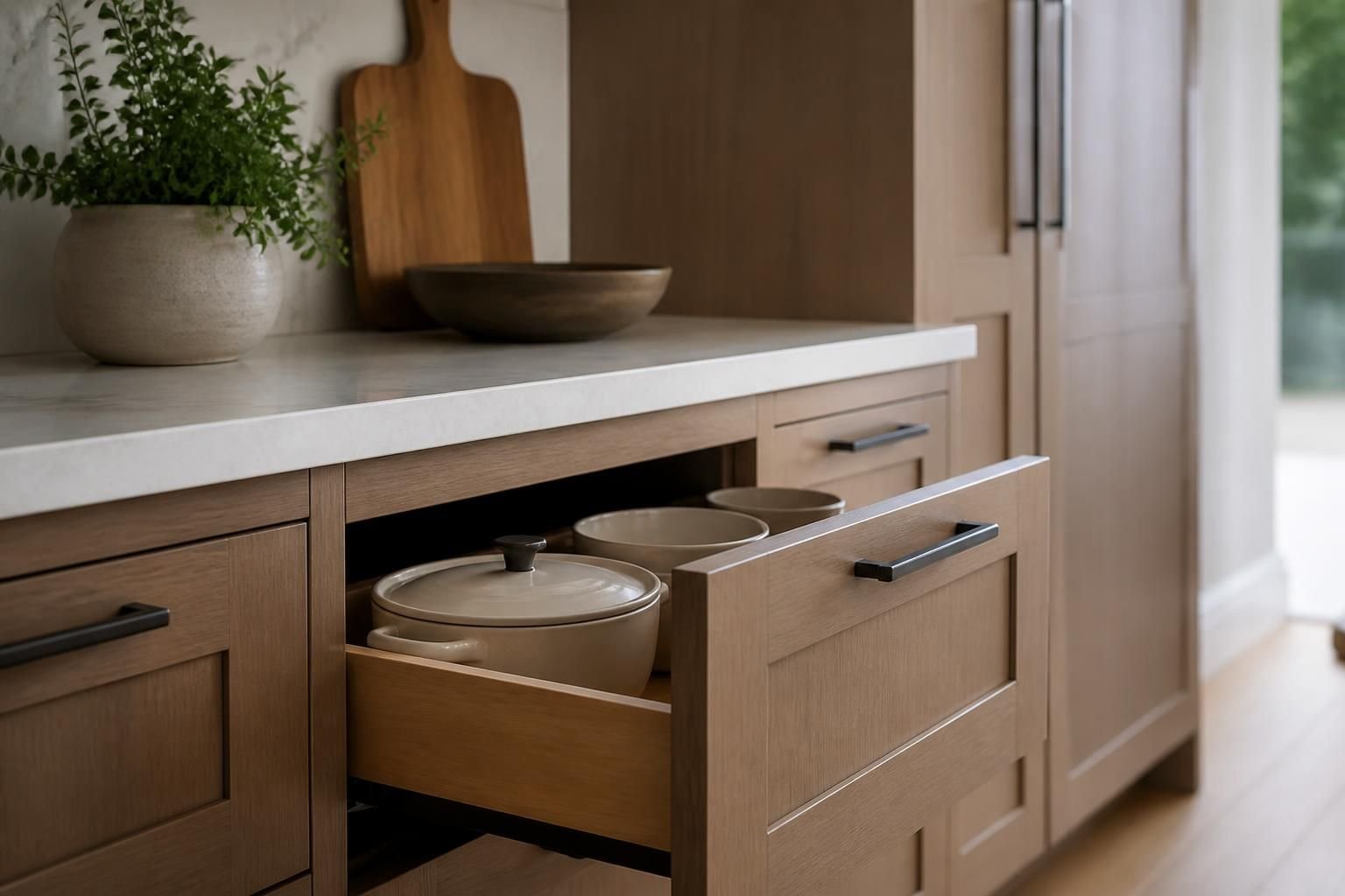 Newly installed custom kitchen cabinets in a finished space.