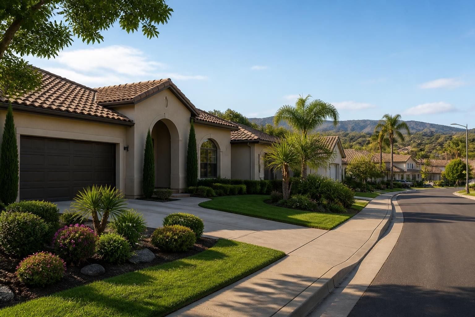 Sunlit suburban neighborhood in Escondido, California.