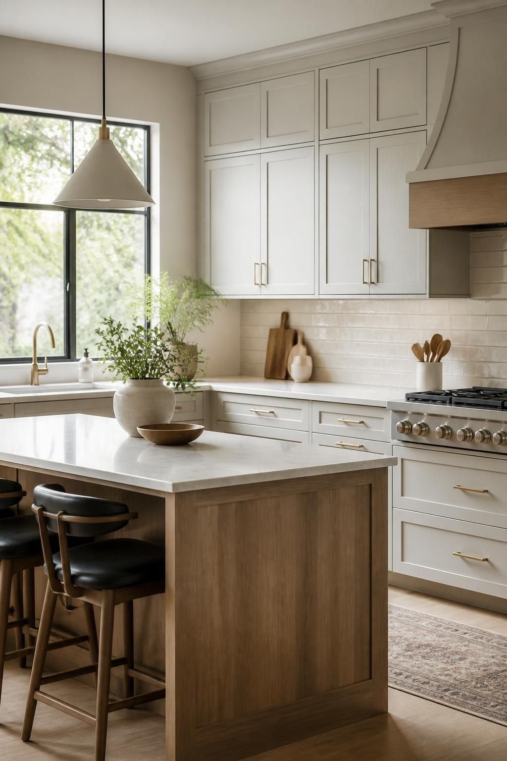 Finished kitchen with custom cabinets and a bright backsplash.