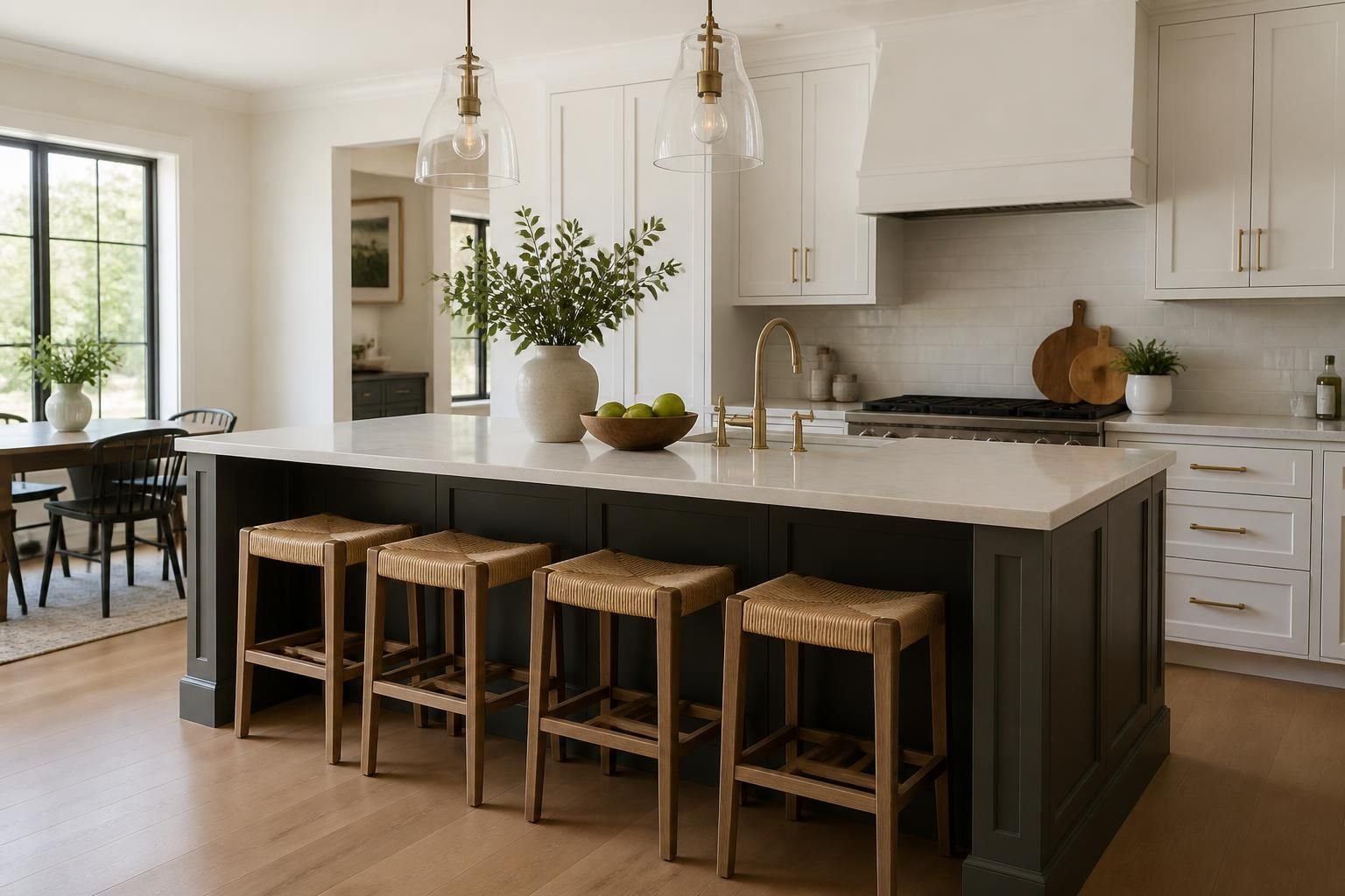 Finished kitchen island centered in a modern kitchen.