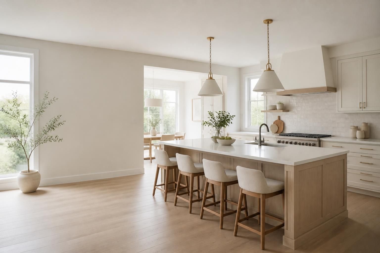 Finished kitchen remodel with an island and open space for text.