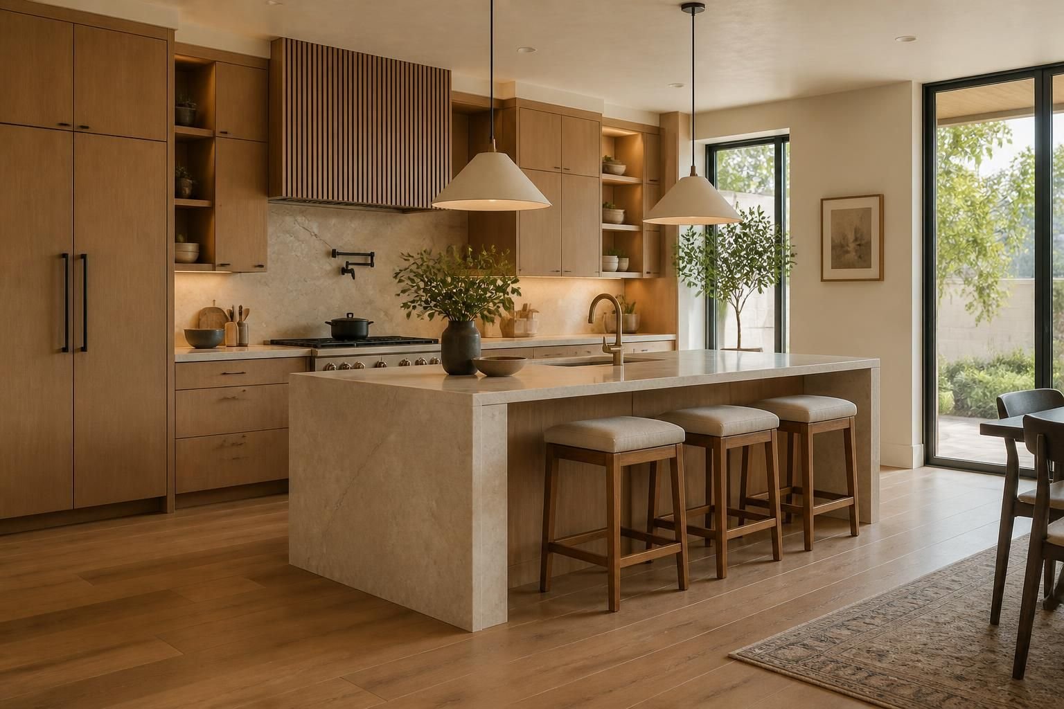 Modern kitchen with custom cabinets, stone island, and warm natural light.